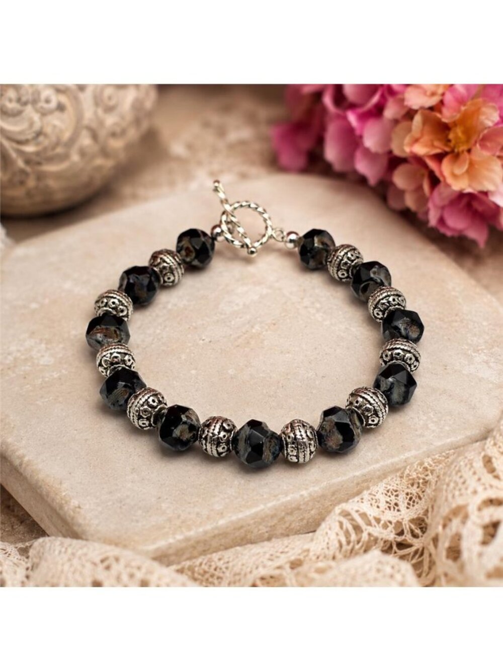 Vintage Picasso Glass Bead Bracelet Silver Tone Bali Spacer Toggle Boho 6.5 In